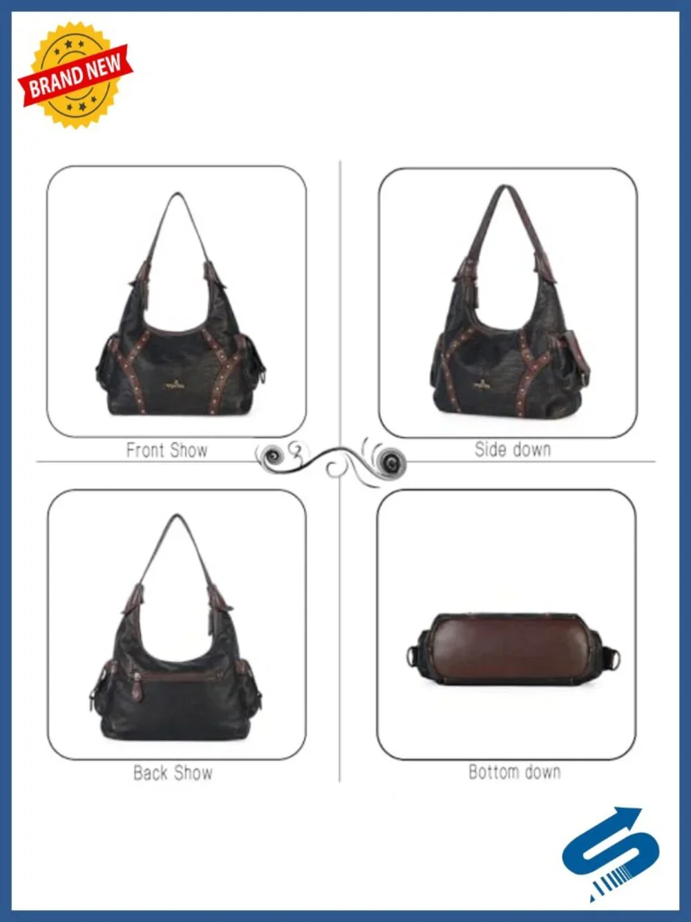Large Studded Hobo Shoulder Bag with Rivets, Soft Faux Leather, Dual Zipper